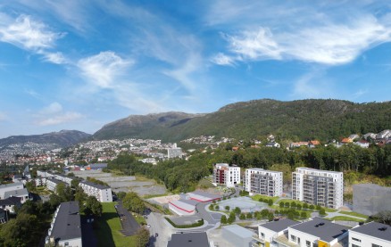 Bjerknes Park bygges ved Slettebakken bybanestopp i Bergen. (Illustrasjon: Bybo)