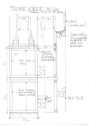 Klikk for stort bilde. De kraftige trerammene måtte bygges opp i to etasjer under klokkerommet. (Illustrasjon: Frank Berg)