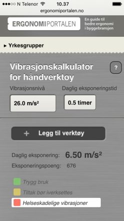 En slagbormaskin brukt i betong har helseskadelige vibrasjoner selv om den bare brukes i en halv time, konkluderer vibrasjonskalkulatoren.